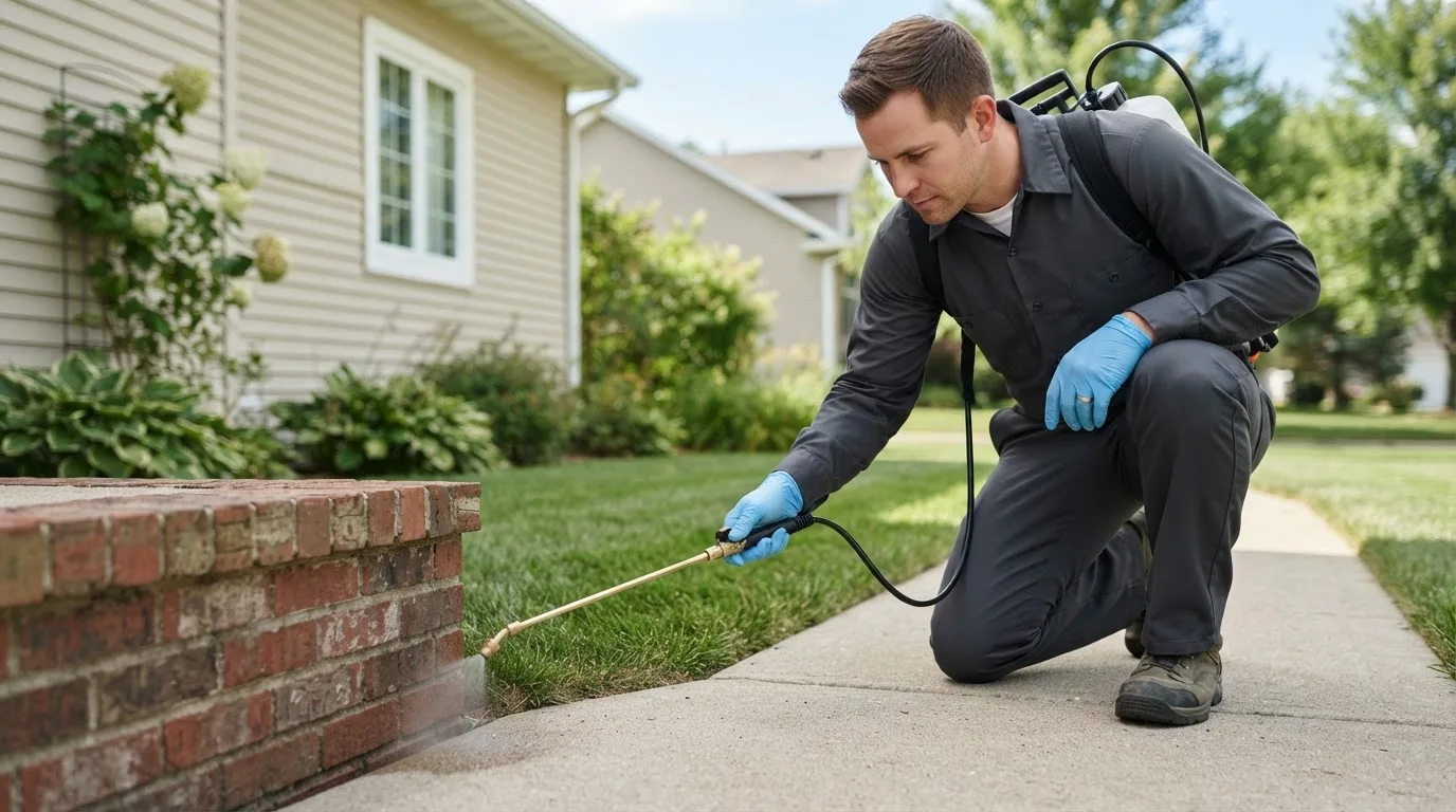 Pest control technician treating a home near Fertile, IA