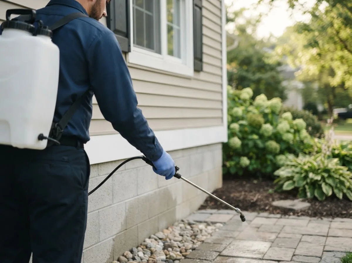 Pest control technician inspecting a home in Fertile, IA